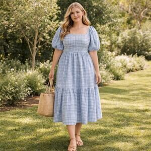 The A&F Emerson Linen-Blend Puff Sleeve Midi Dress Blue & White Plaid SZ XXL NWT